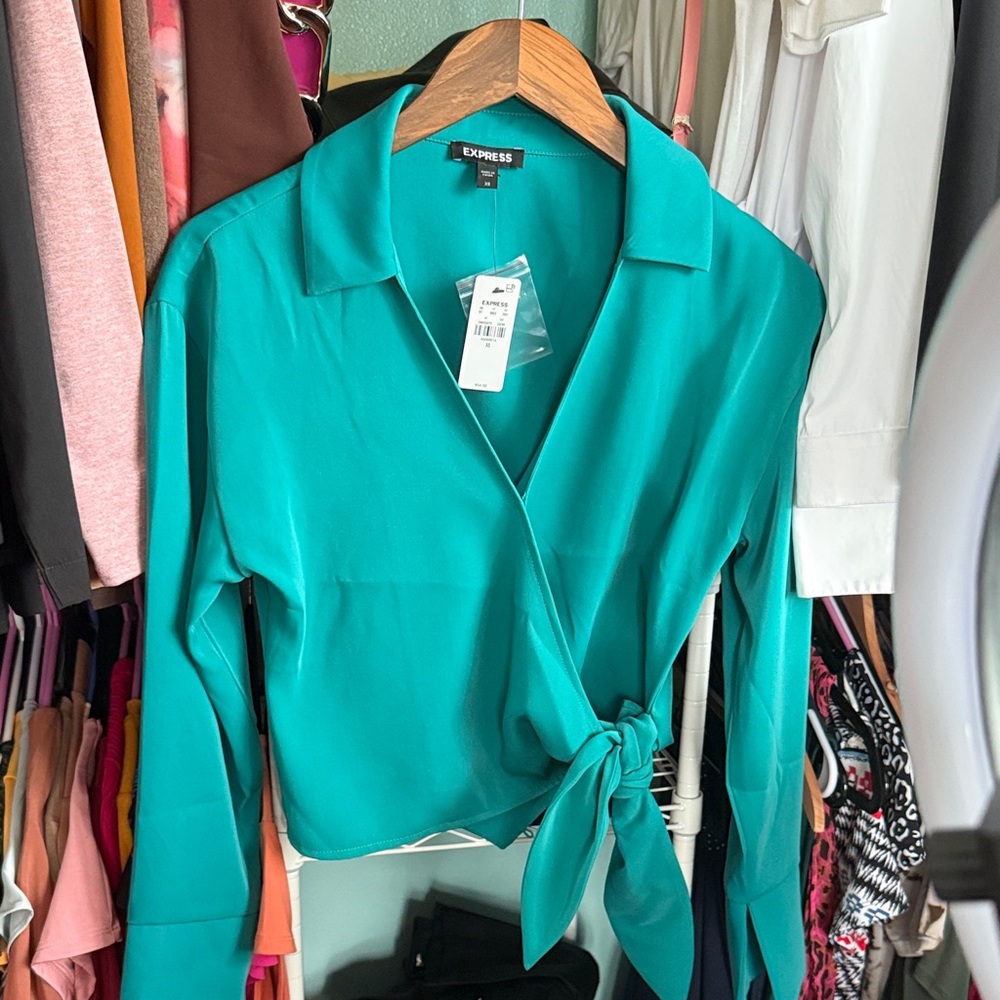 Express Turquoise Wrap Button Down Shirt